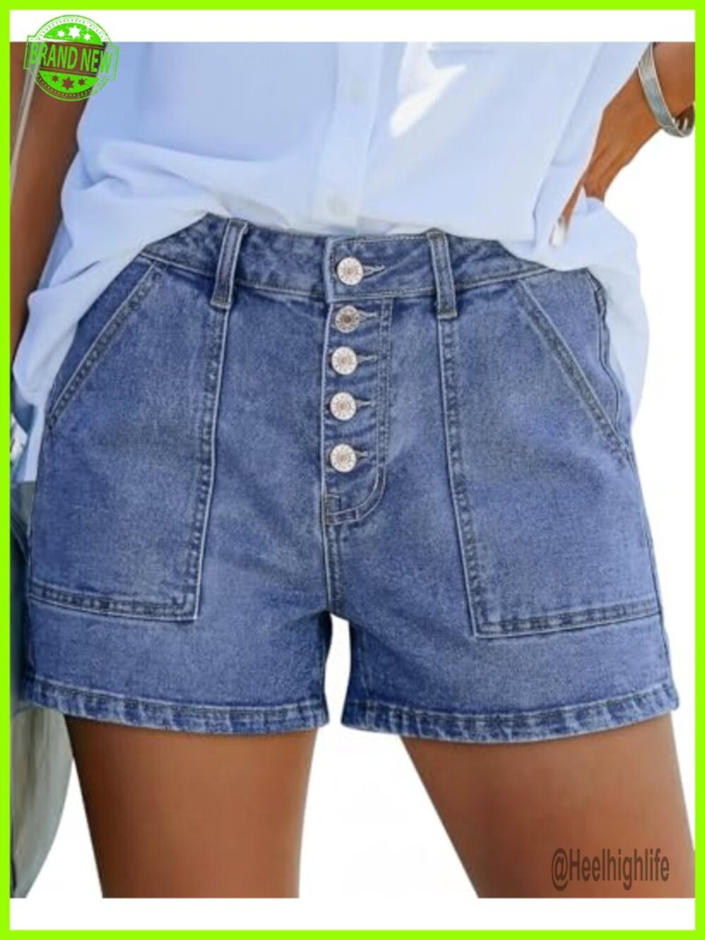 High Waisted Button Fly Stretch Denim Jean Shorts 5" Inseam